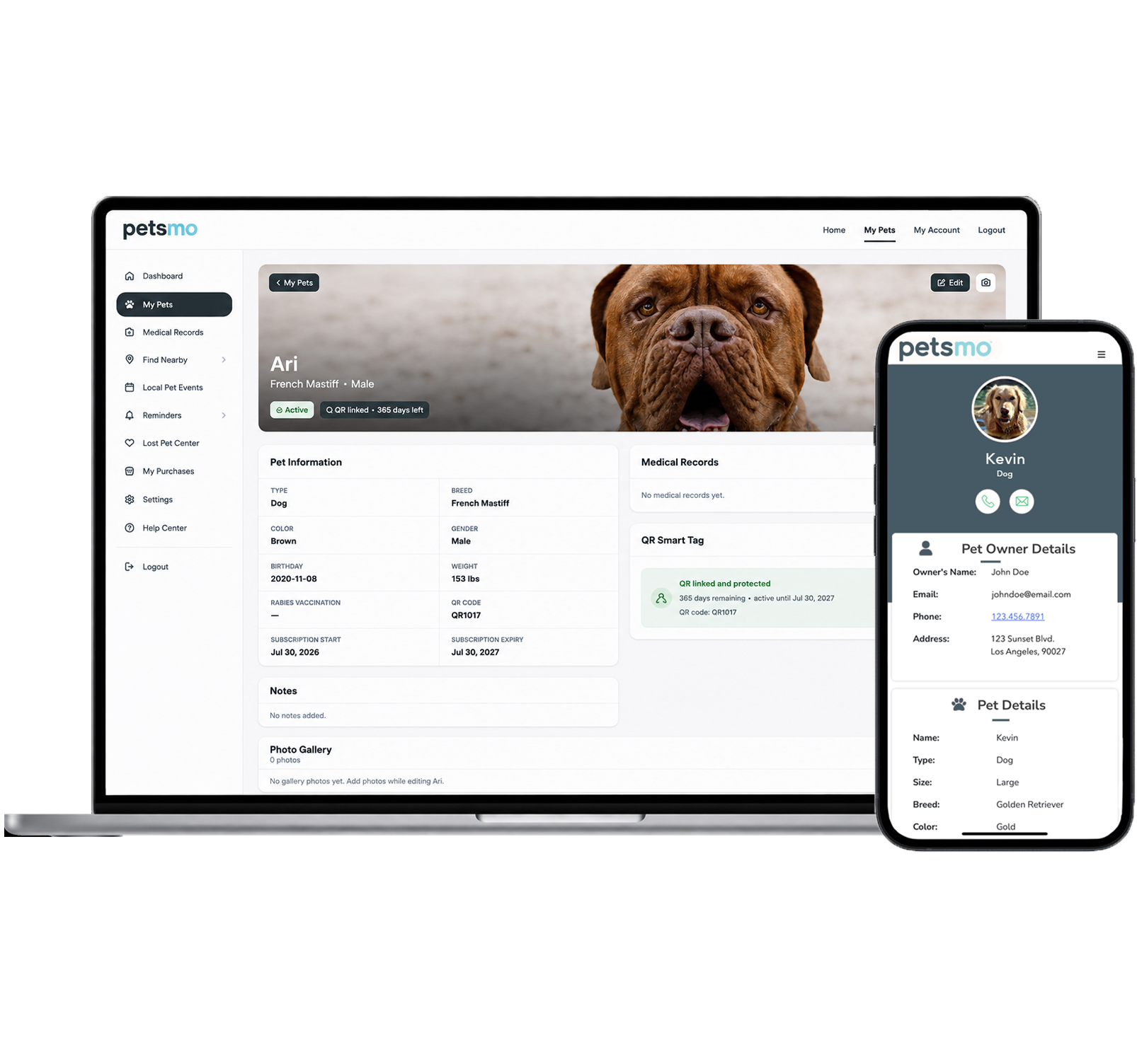 PETSMO digital pet profile displayed on a laptop and mobile phone