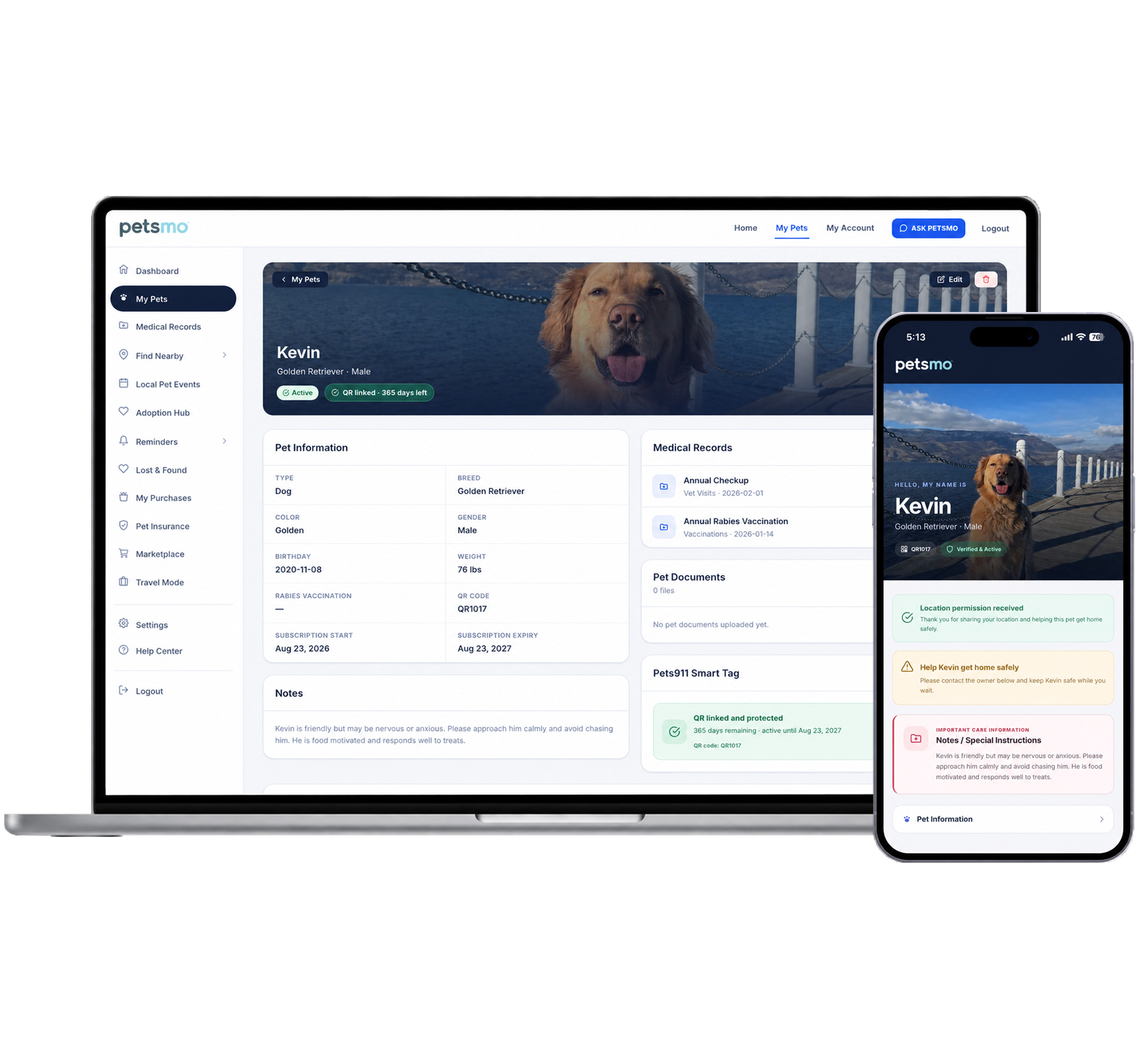 PETSMO digital pet profile displayed on a laptop and mobile phone